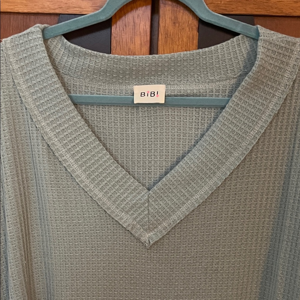 BiBi Sage Green Soft & Light Waffle Knit Wide V-Neck Long Sleeve Top - Picture 3 of 8